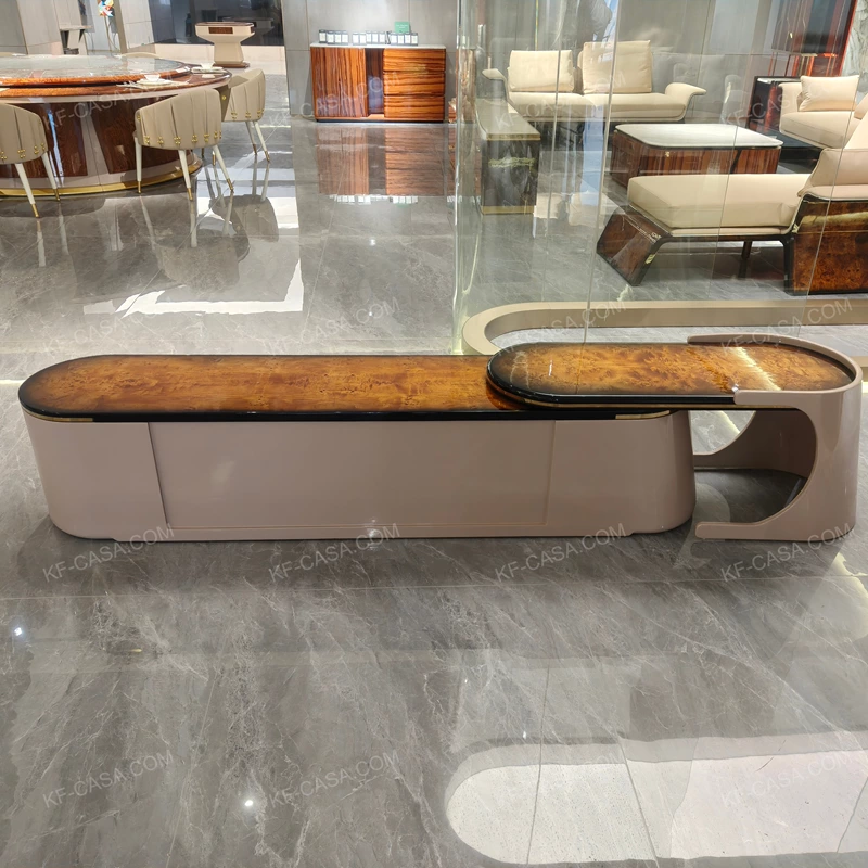 Curved Amber Burl Wood TV Stand with Stepped Top and Open Arch Side Storage